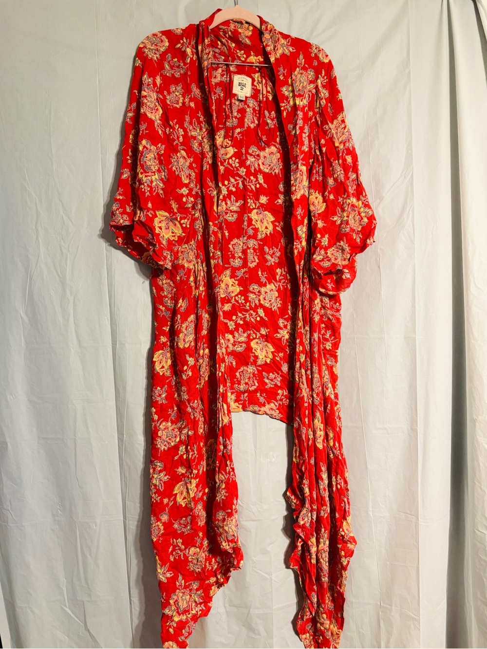Billabong S/M Red Floral Waterfall Kimono Cardigan Boho Beach Cover Up Rayon